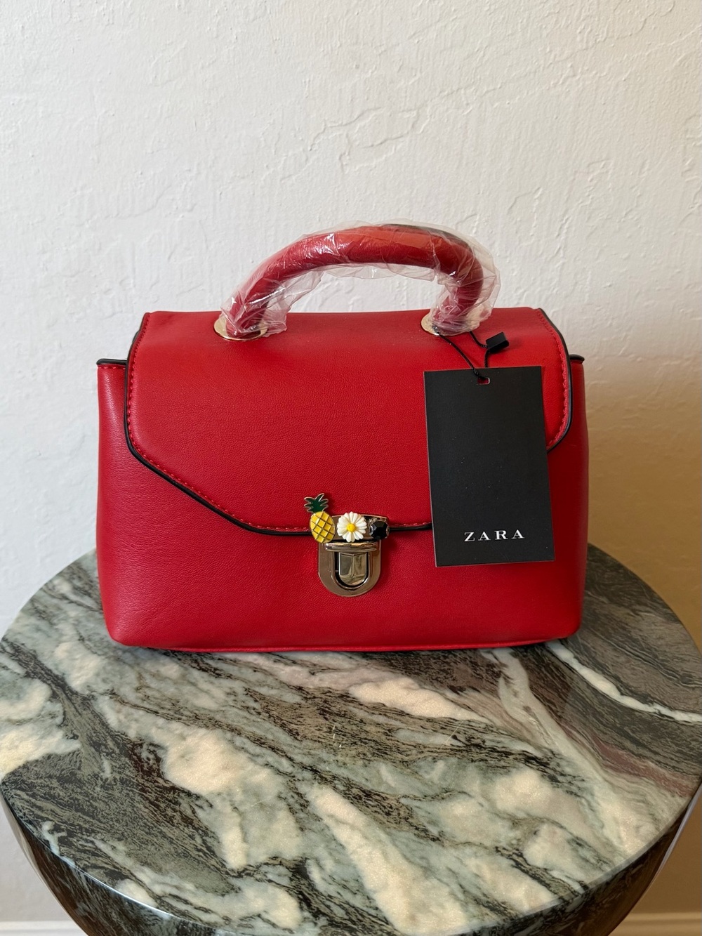 Zara Red Structured Top-Handle Satchel